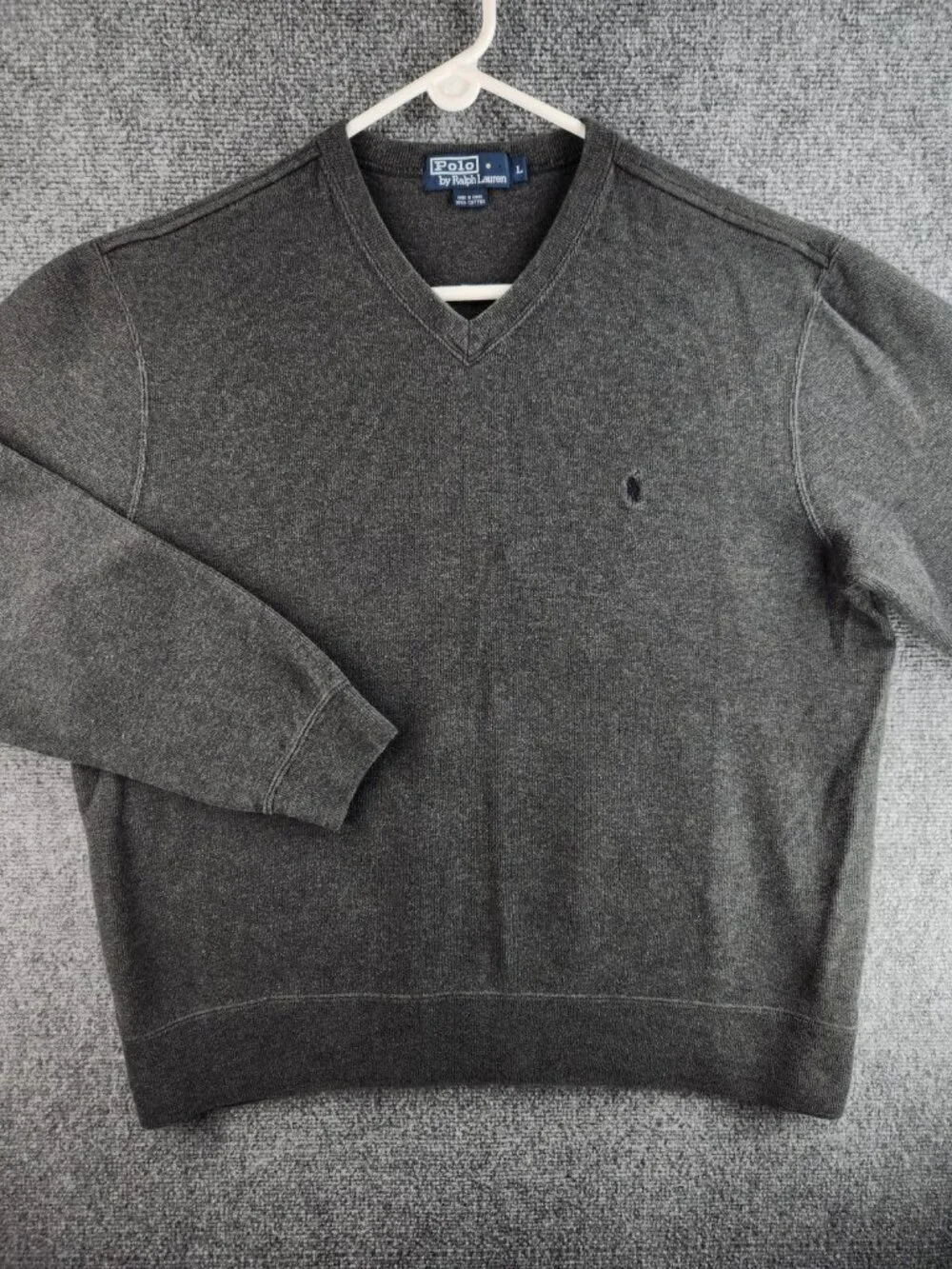 Polo Ralph Lauren Mediumweight Large Knit Gray Cotton V Neck Sweater Pony Logo